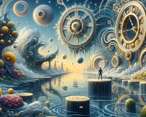 Surreal Landscape with Floating Clocks and Platforms