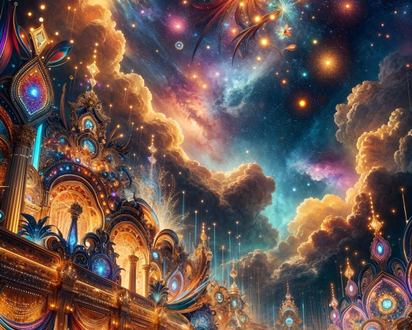 Cosmic Scene with Ornate Architecture and Celestial Light