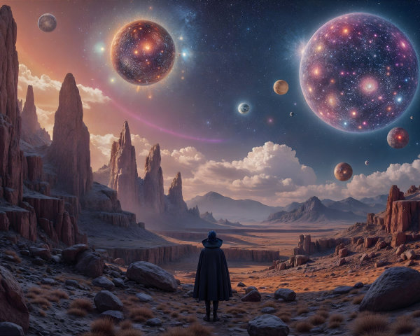 Surreal Desert Landscape with Cosmic Celestial Bodies