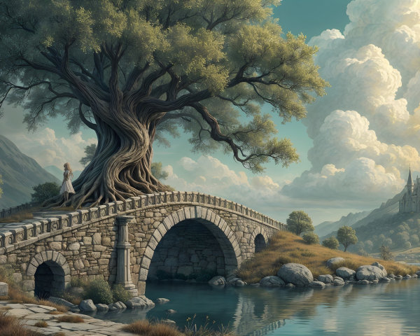 Serene Landscape with Tree, Bridge, and Mountains