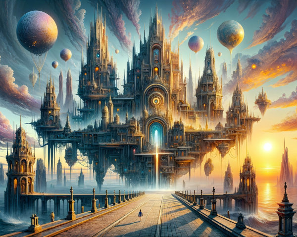 Floating City with Spires and Ethereal Balloons