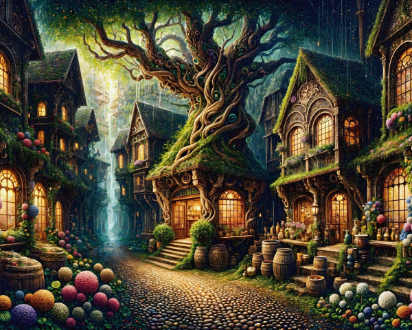 Whimsical Village Scene with Colorful Cottages and Trees