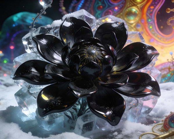 Sparkling Black Lotus Flower on Ice in Winter Wonderland