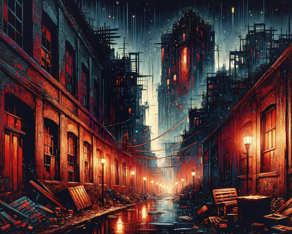 Rain-Soaked Alleyway with Crumbling Brick Buildings