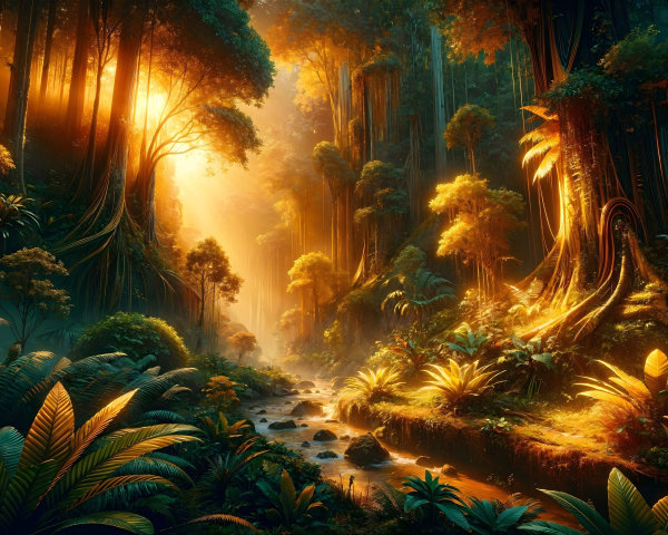 Golden Sunlit Jungle Scene with Lush Vegetation