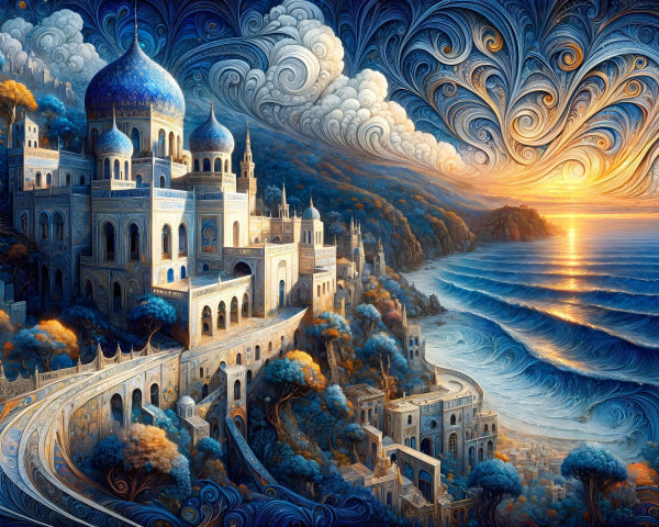 Intricate castle on a cliff overlooking a serene ocean