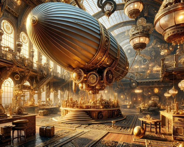 Steampunk Workshop with Airship and Intricate Machinery