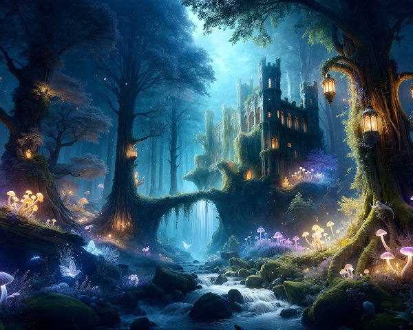 Twilight Forest with Castle and Enchanted Elements