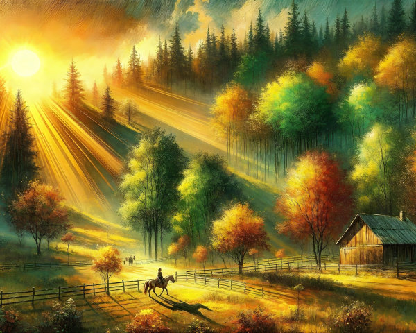 Autumn Landscape with Sunrise and Rustic Cabin