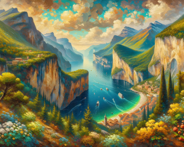 Serene fjord landscape with cliffs and charming village