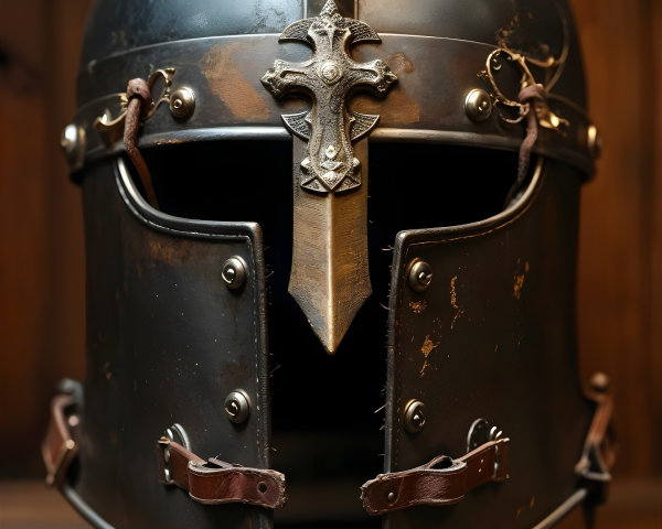 Ornate metal helmet with polished surface and cross emblem