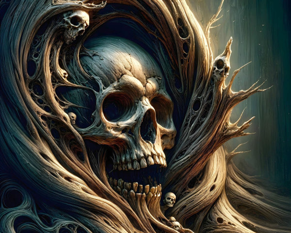 Intricately Carved Skull Entwined in Tree Roots