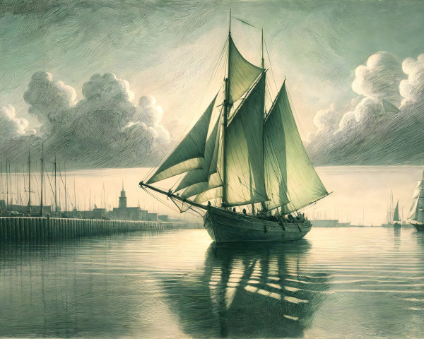 Serene Waterfront Scene with Majestic Sailing Ship