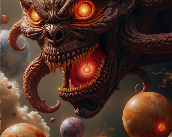 Colossal Figure in a Surreal Cosmic Landscape