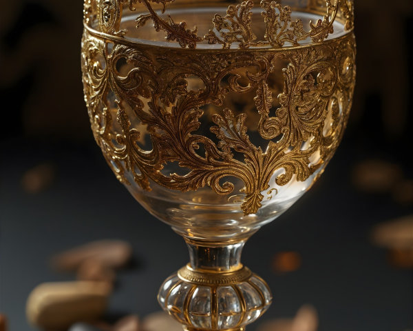 Ornate wine glass with gold detailing on wooden surface
