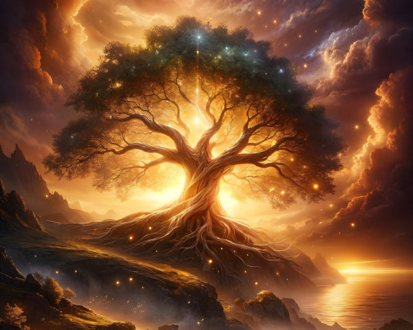 Majestic Tree in a Mystical Landscape with Glowing Stones