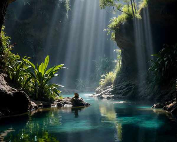 Serene cave scene with sunlight and tranquil water
