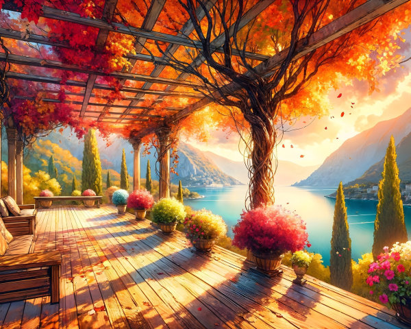 Terrace View of Lake with Autumn Foliage and Flowers