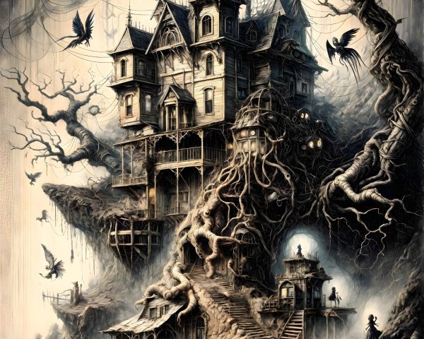 Mysterious Mansion on Cliff with Twisted Trees and Mist