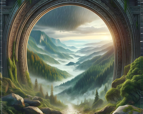 Ancient Archway Overlooking Misty Mountains and Forests