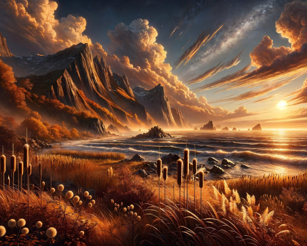 Coastal Landscape at Sunset with Cliffs and Waves