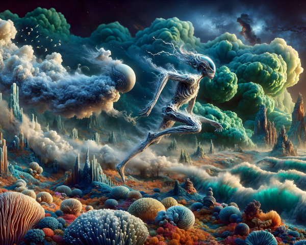 Surreal Landscape with Ethereal Figure and Fantasy Elements