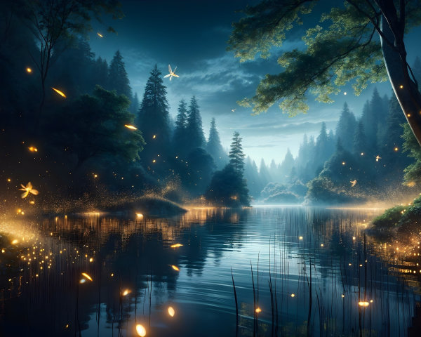 Serene Woodland Scene at Dusk with Reflective Lake