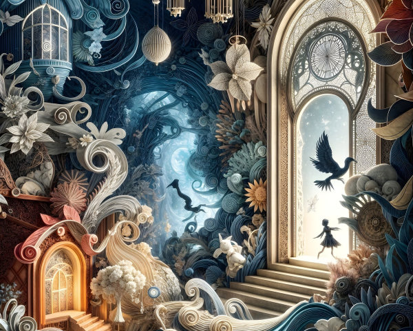 Whimsical Dreamlike Landscape with Ethereal Elements