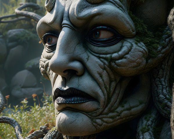 Artistic sculpture of a human face with tree roots