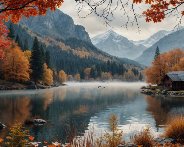 Autumn Landscape with Lake and Mountains in Mist