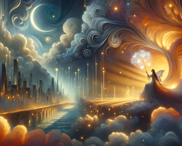 Mystical Figure in Red Gown Amidst Colorful Clouds