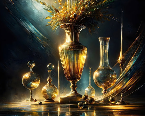 Ornate Glass Vases and Decorative Elements Displayed