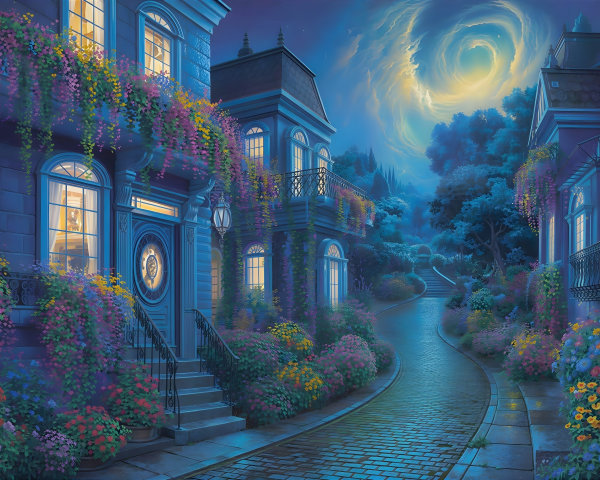 Vibrant Night Scene with Fantastical Houses and Path