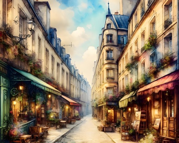 Charming Parisian Street with Flower-Adorned Balconies