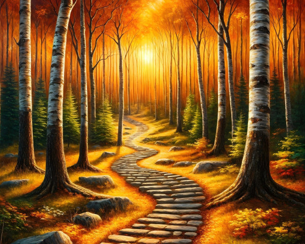 Autumn Forest Scene with Vibrant Leaves and Sunset