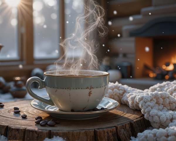 Cozy Coffee Scene with Snow and Fireplace Ambiance