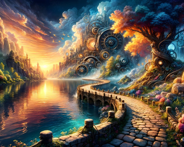 Winding Stone Pathway Through Vibrant Landscape and Lake