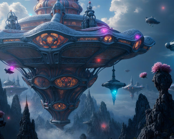 Futuristic landscape with floating structure and flowers