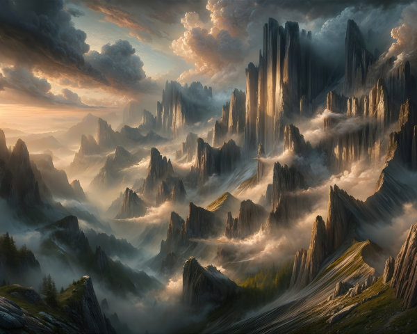 Dramatic Mountain Landscape at Sunset with Mist