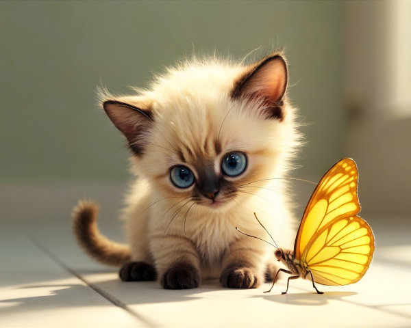 Cream Kitten Observing Yellow Butterfly in Sunlight