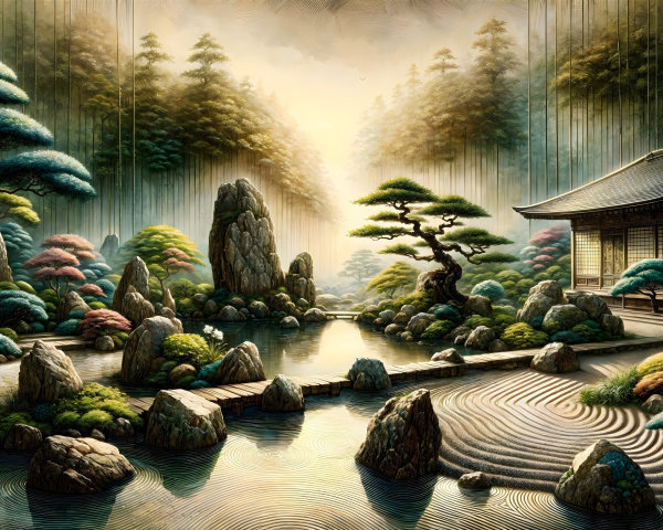 Tranquil Pond Surrounded by Lush Greenery and Pavilion