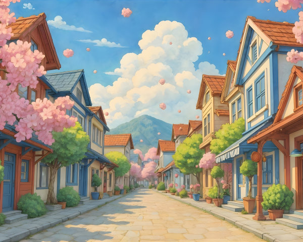 Charming Street with Colorful Houses and Cherry Blossoms