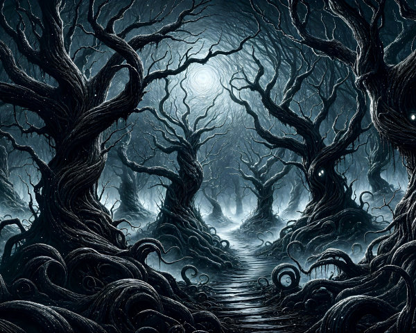 Eerie Forest with Twisted Trees and Haunting Atmosphere