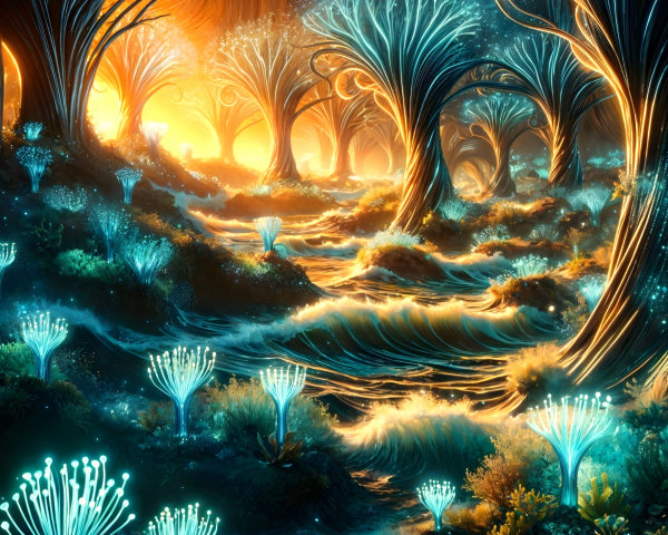 Enchanted Forest with Bioluminescent Flora and Waterway