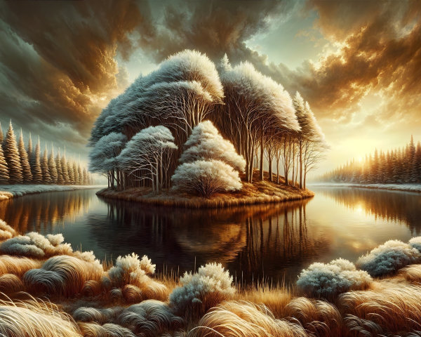 Serene Island Landscape with Reflective River and Frosted Trees