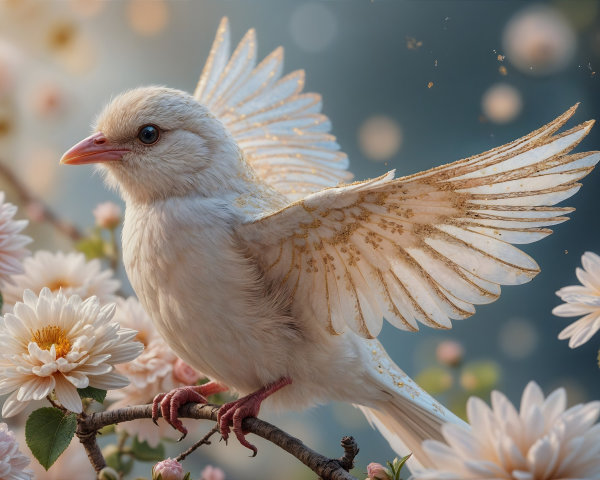 Delicate Bird with Golden Accents on Flowering Branch