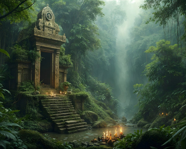 Ancient Stone Temple in Serene Jungle Setting