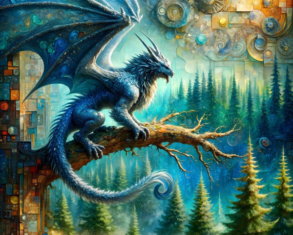 Blue Dragon Overlooking Vibrant Forest Landscape