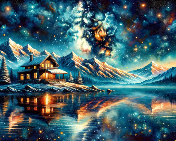 Serene Lake Under Starry Night Sky with Cozy Cabin
