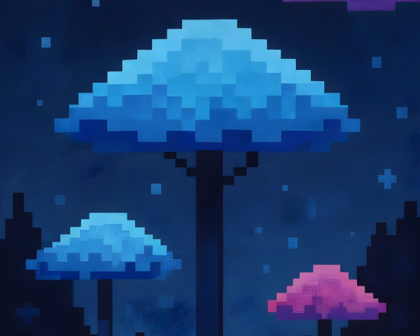 Pixel Art Landscape with Colorful Mushrooms and Clouds